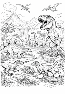 Volkan ve orman manzarasında dinozorlar boyama sayfası