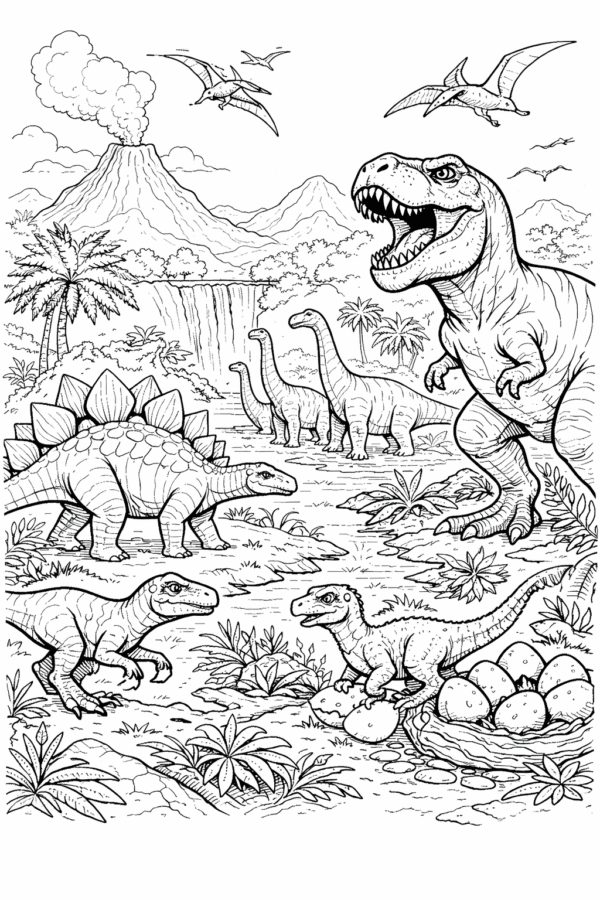 Volkan ve orman manzarasında dinozorlar boyama sayfası