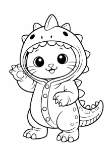 Dinozor kostümlü sevimli kedi boyama sayfası