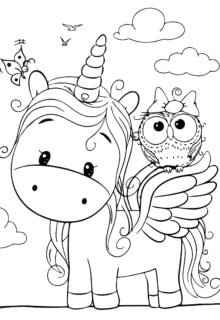 Baykuş arkadaşıyla sevimli unicorn boyama sayfası — çocuklar için ücretsiz çizim