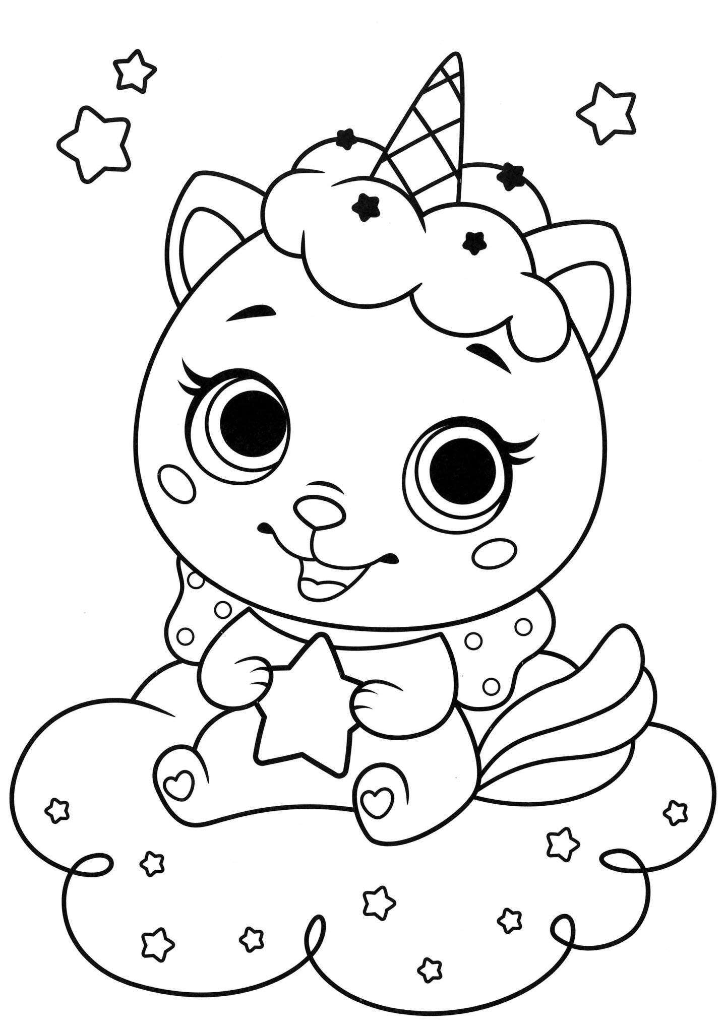 Bulutların üzerinde yıldız tutan sevimli unicorn kedi boyama sayfası