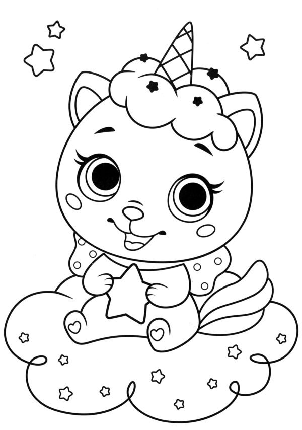 Bulutların üzerinde yıldız tutan sevimli unicorn kedi boyama sayfası