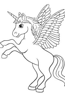 Kanatlarını açmış uçan unicorn boyama sayfası — ücretsiz çizim çocuklar için