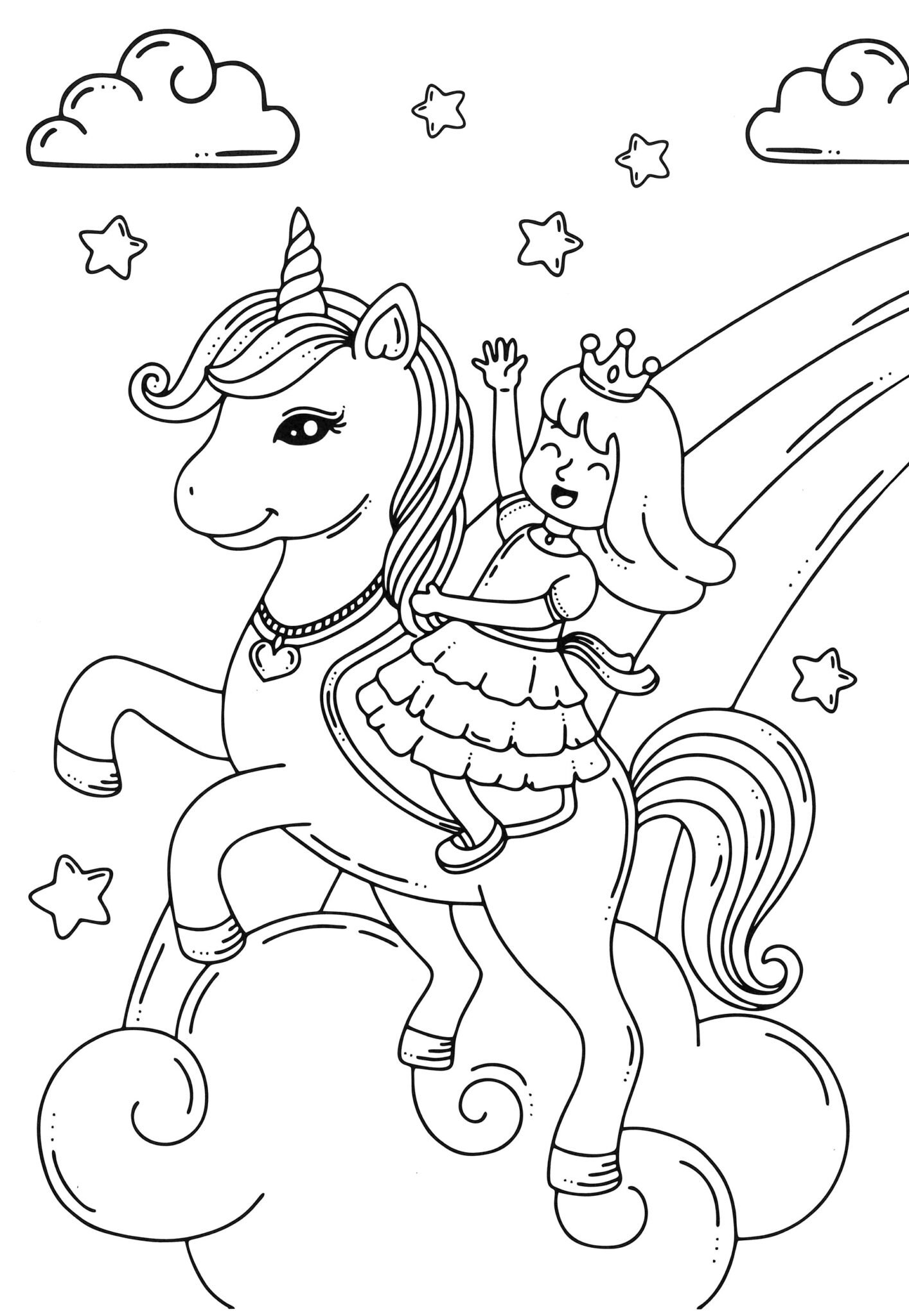 Prenses ve unicorn gökyüzünde macera boyama sayfası — ücretsiz çizim çocuklar için