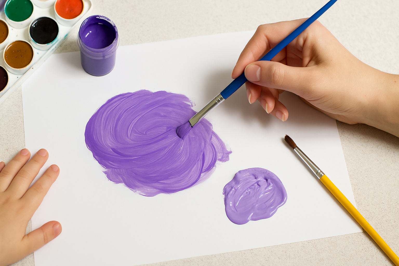 Çocuklarla güvenli boyama etkinliği, guaj ve akrilik ile pastel mor renk karışımı, beyaz kağıt üzerinde fırça çalışması.