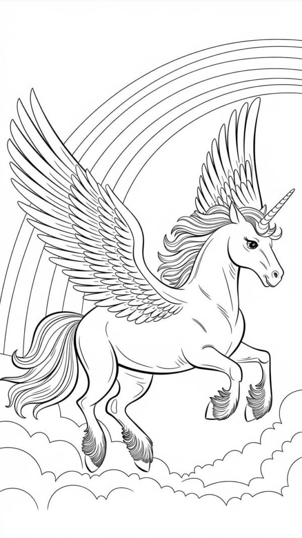 Gökyüzünde Gökkuşağıyla Uçan Kanatlı Unicorn — Ücretsiz PDF indir ve yazdır