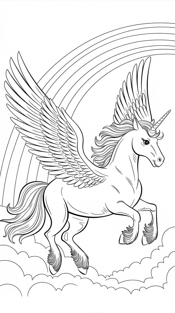 Gökyüzünde Gökkuşağıyla Uçan Kanatlı Unicorn — Ücretsiz PDF indir ve yazdır