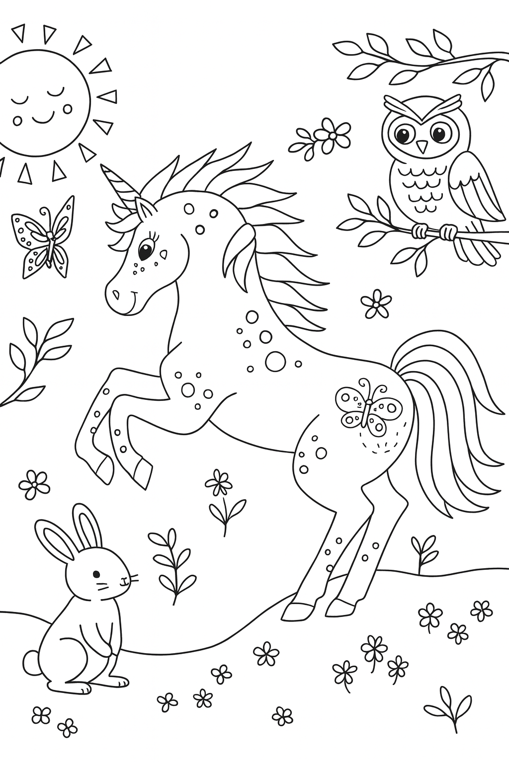 Doğa içinde unicorn boyama sayfası — tavşan, baykuş ve kelebeklerle çocuklar için ücretsiz çizim