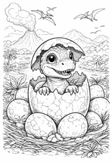 Yumurtadan çıkan sevimli dinozor, volkan ve doğa manzaralı boyama sayfası