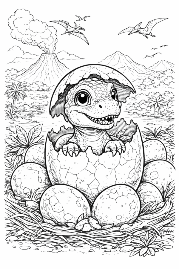 Yumurtadan çıkan sevimli dinozor, volkan ve doğa manzaralı boyama sayfası