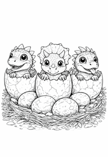 Yumurtadan çıkan üç sevimli dinozor yavrusu boyama sayfası