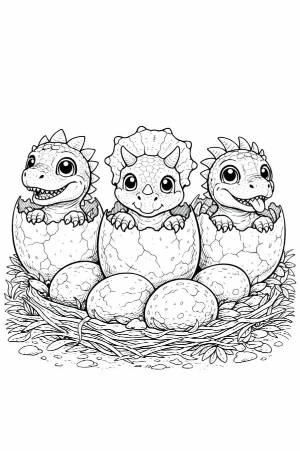 Yumurtadan çıkan üç sevimli dinozor yavrusu boyama sayfası