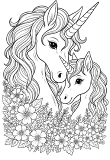 Çiçekler İçinde Anne ve Yavru Unicorn — Ücretsiz PDF indir ve yazdır