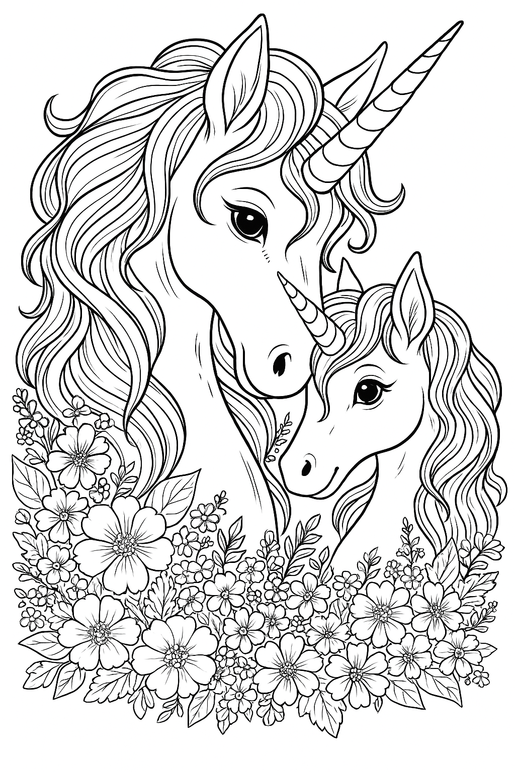 Çiçekler İçinde Anne ve Yavru Unicorn — Ücretsiz PDF indir ve yazdır