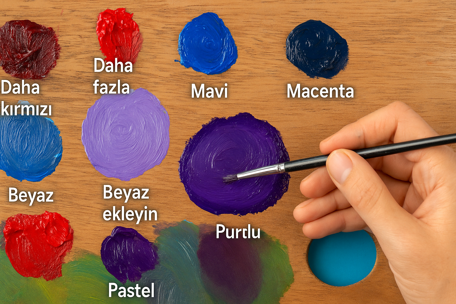 Sanat paletinde mor tonlarının yönetimi, kırmızı eklenerek sıcak mor, mavi eklenerek soğuk mor, beyazla açılmış pastel mor ve siyahla koyulaştırılmış mor örnekleri.