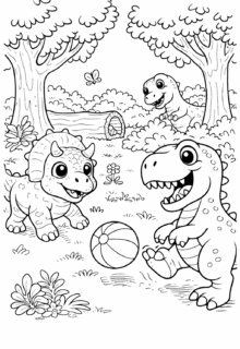 Topla oynayan sevimli dinozorlar boyama sayfası