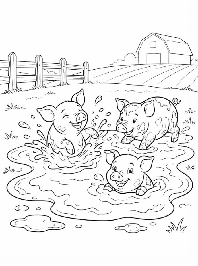 Cheerful Piglets In Mud Coloring Page – Free Printable Coloring Page