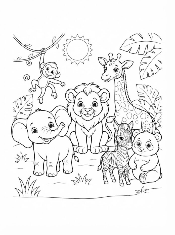 Cheerful Animals In The Jungle Coloring Page – Free Printable Coloring Page