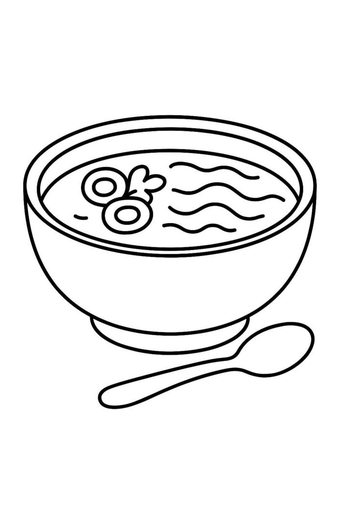 Раскраска миска с супом и ложкой – Бесплатная разукрашка для детей