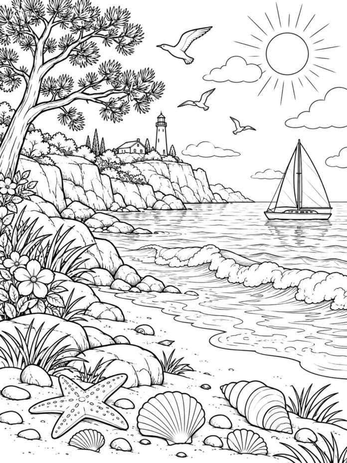 Seaside Nature Coloring Page – Free Printable Coloring Page