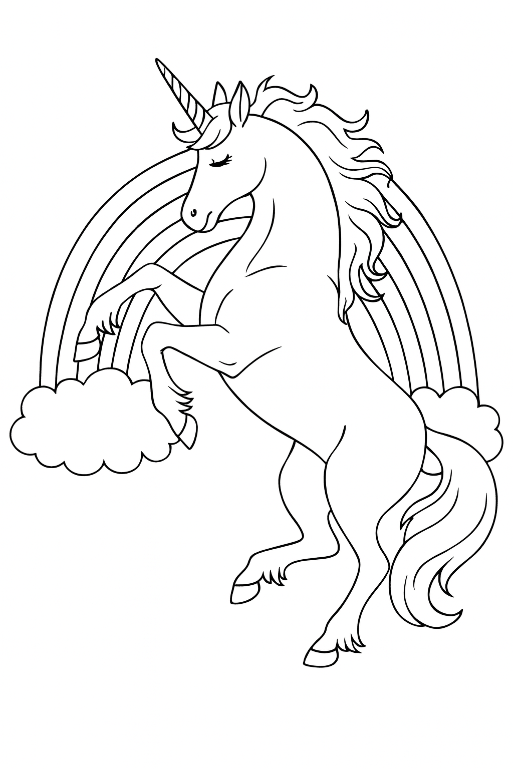 Gökkuşağı önünde zarif unicorn boyama sayfası — çocuklar için ücretsiz çizim