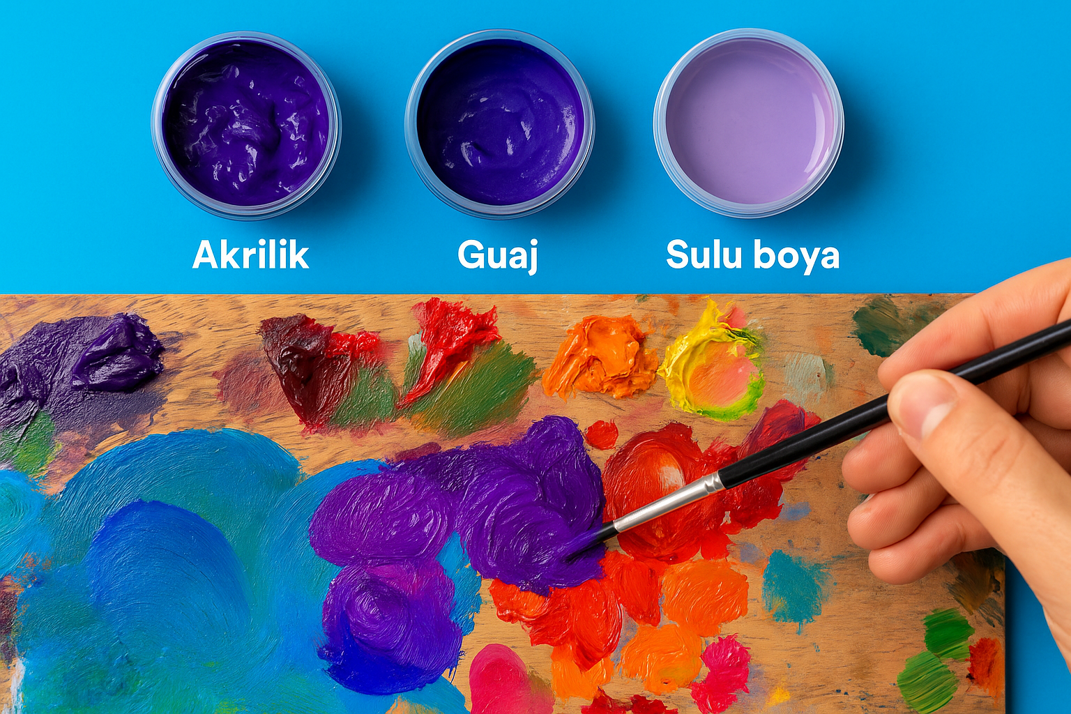 Akrilik, guaj ve sulu boya ile mor renk karışımı örnekleri, farklı boya türlerinde mor tonlarının uygulama farklarını gösteren sanat paleti.