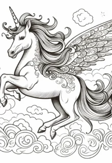 Bulutların arasında uçan kanatlı unicorn boyama sayfası — ücretsiz fantastik çizim