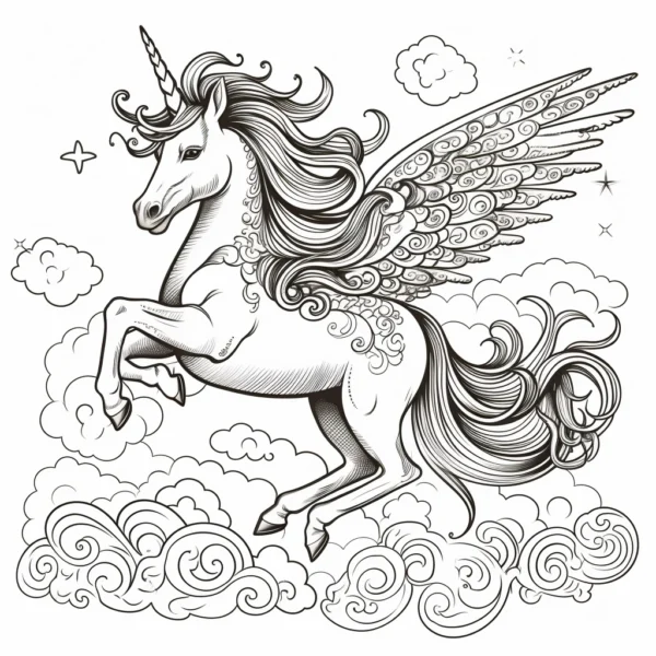 Bulutların arasında uçan kanatlı unicorn boyama sayfası — ücretsiz fantastik çizim