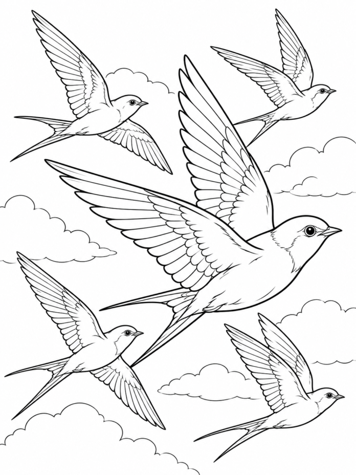 Swallows Flying In Sky Coloring Page – Free Printable Coloring Page