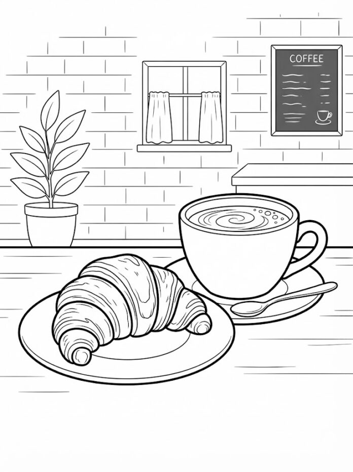 Croissant and Coffee at a Cafe Coloring Page – Free Printable Coloring Page