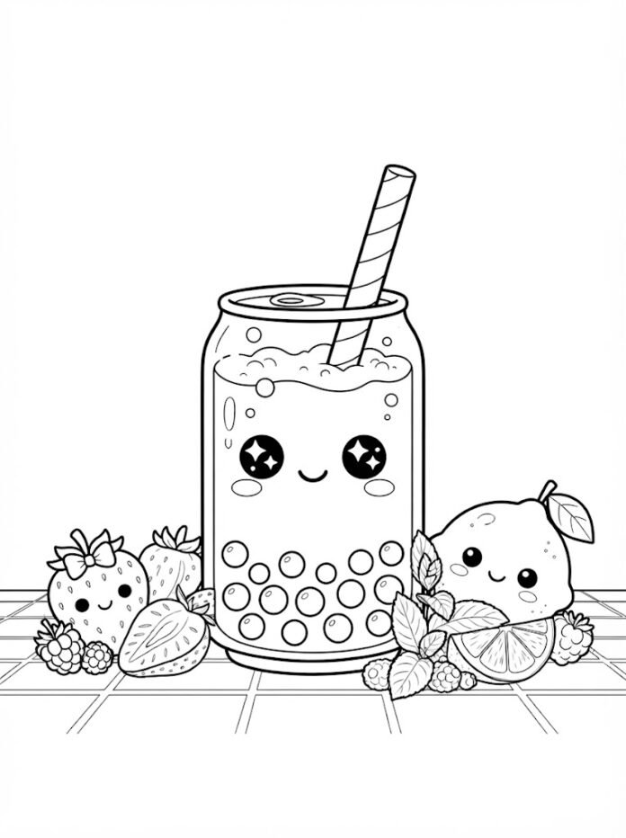 Kawaii Bubble Tea and Fruits Coloring Page – Free Printable Coloring Page