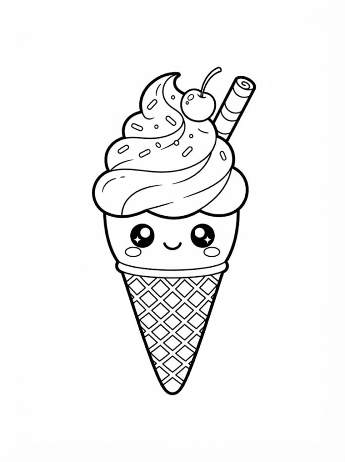 Kawaii Ice Cream with Cherry Coloring Page – Free Printable Coloring Page
