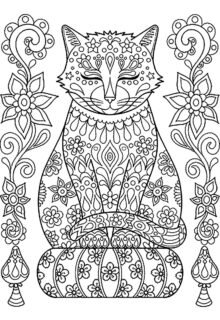 Mandala desenleriyle süslenmiş oturan kedi boyama sayfası