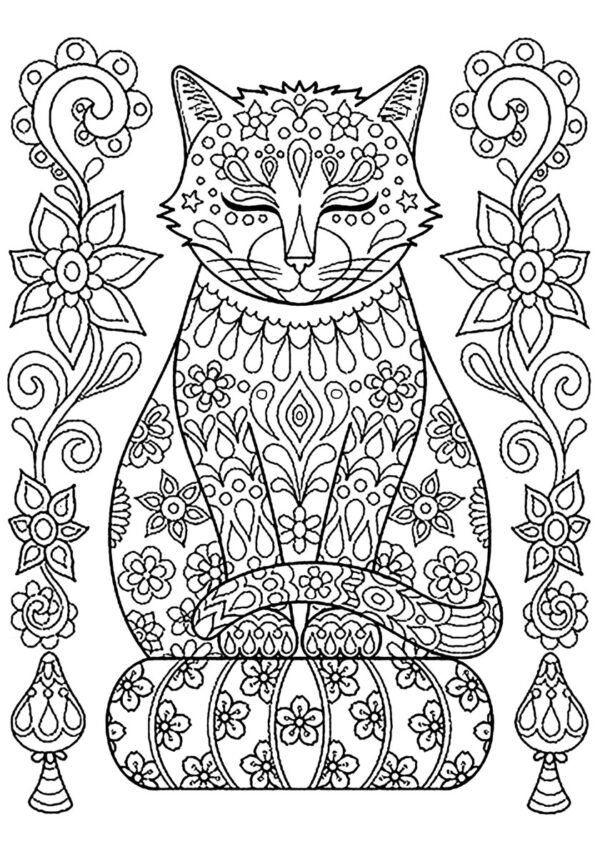 Mandala desenleriyle süslenmiş oturan kedi boyama sayfası