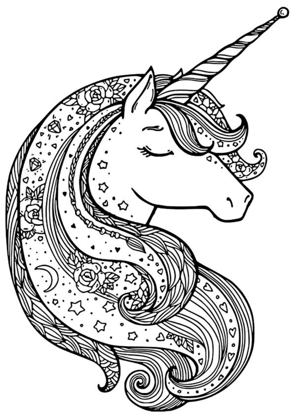 Hayalperest unicorn portresi boyama sayfası — ücretsiz çizim çocuklar ve yetişkinler için