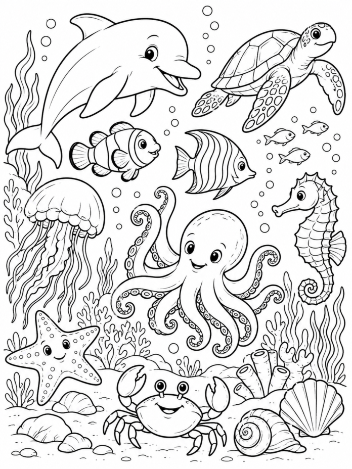 Happy Sea Creatures Coloring Page – Free Printable Coloring Page