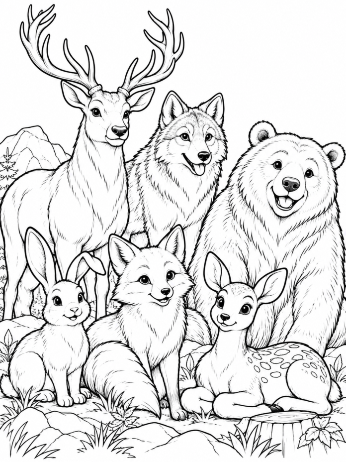 Cheerful Forest Animals Coloring Page – Free Printable Coloring Page