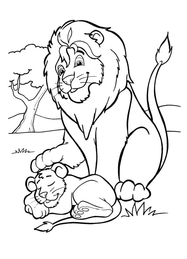 Aslan ve yavru aslan resmi çocuklar için PDF indir ve yazdır