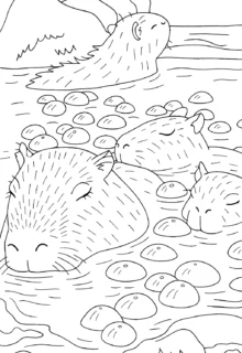 Kapibaralarla Sıcak Su Banyosu – A4 Pdf hayvan boyama sayfası indir ve yazdır