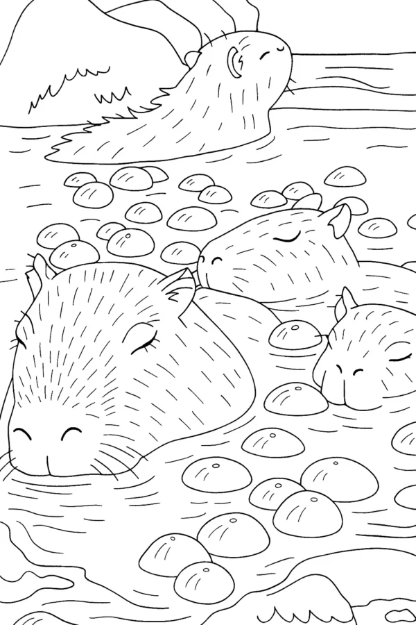 Kapibaralarla Sıcak Su Banyosu – A4 Pdf hayvan boyama sayfası indir ve yazdır