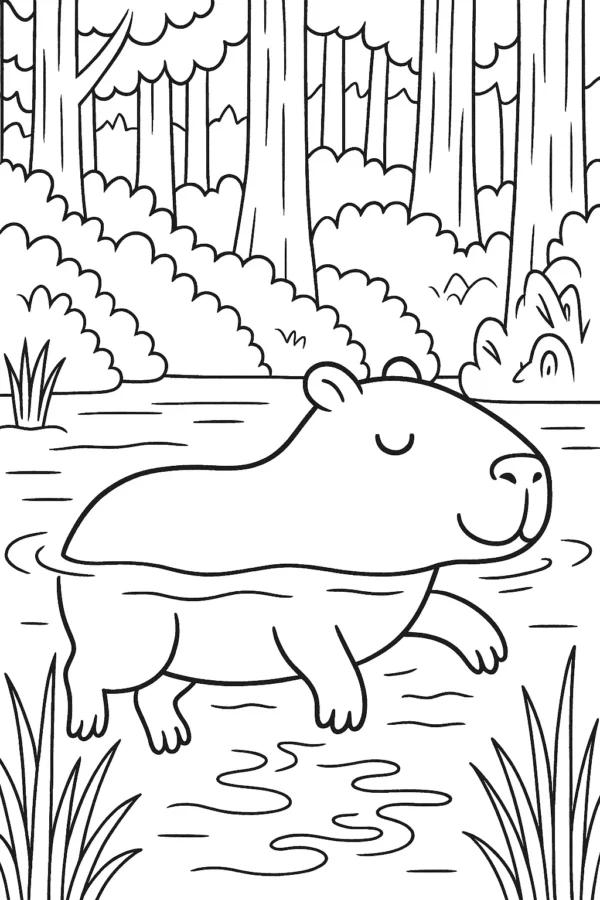 Ormanda Yüzen Kapibara – A4 Pdf hayvan boyama sayfası indir ve yazdır