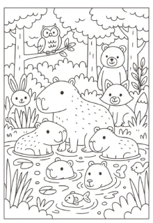 Kapibaralar ve Orman Dostları – A4 Pdf hayvan boyama sayfası indir ve yazdır