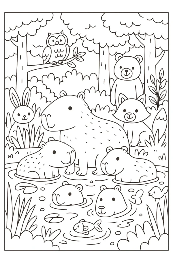 Kapibaralar ve Orman Dostları – A4 Pdf hayvan boyama sayfası indir ve yazdır