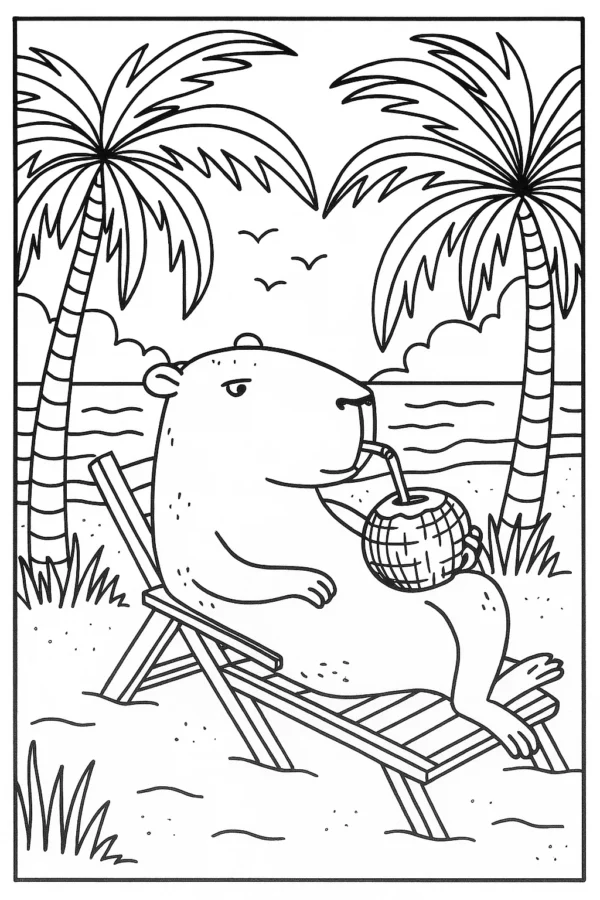 Tatil Keyfi Yapan Kapibara – A4 Pdf hayvan boyama sayfası indir ve yazdır