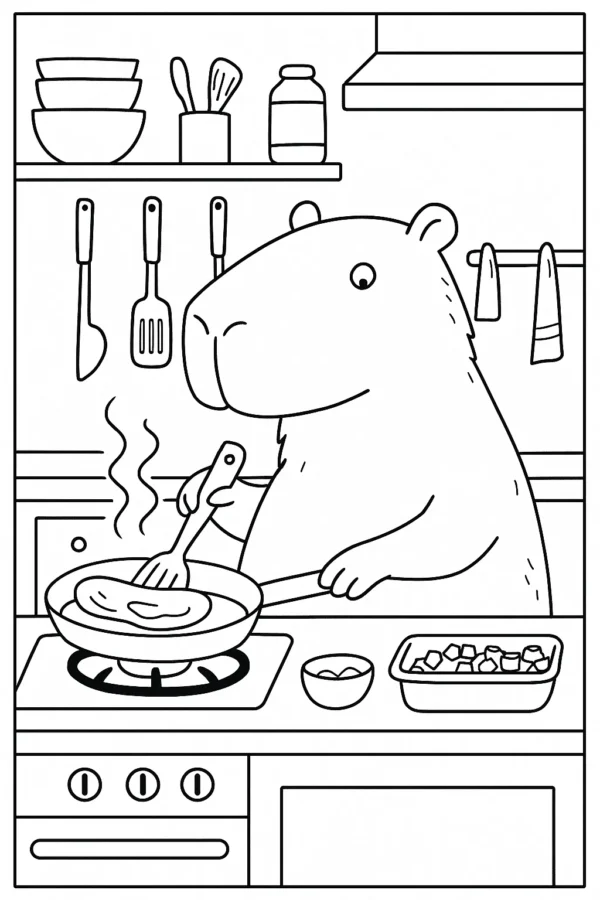 Mutfakta Yemek Yapan Kapibara – A4 Pdf hayvan boyama sayfası indir ve yazdır