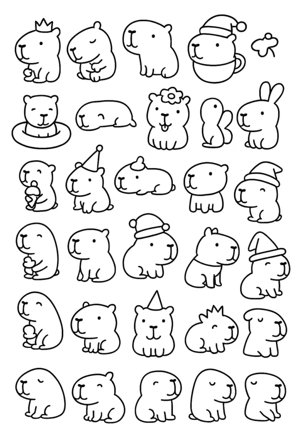 Mini Kapibaralar Koleksiyonu – A4 Pdf hayvan boyama sayfası indir ve yazdır