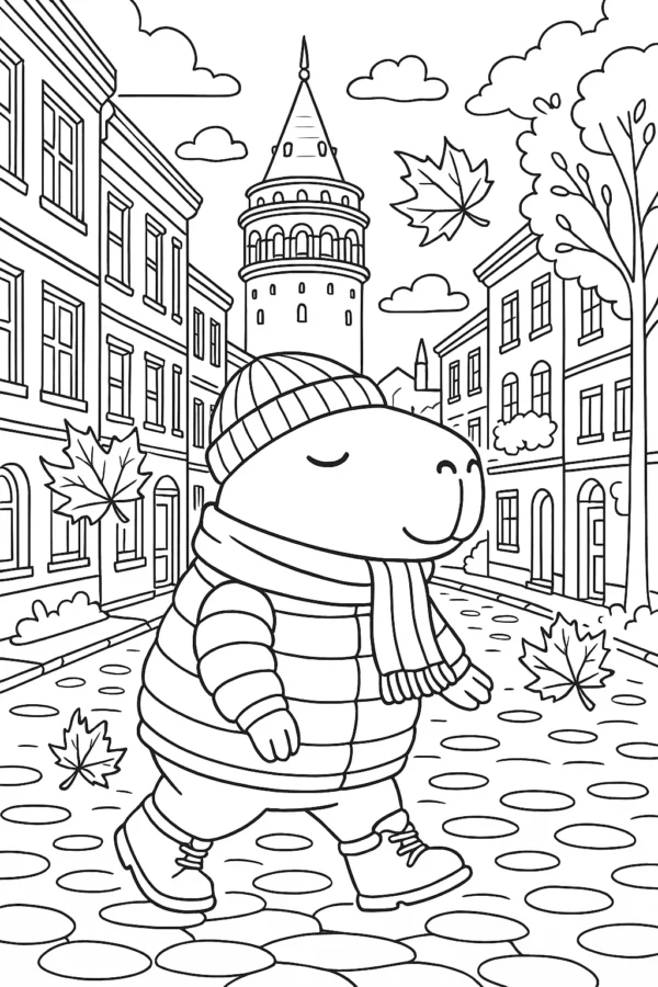 İstanbul’da Sonbahar Gezintisi Kapibara – A4 Pdf hayvan boyama sayfası indir ve yazdır