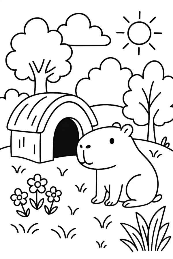 Bahçede Oynayan Kapibara – A4 Pdf hayvan boyama sayfası indir ve yazdır