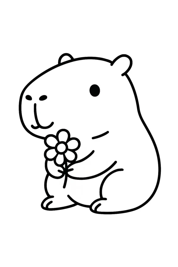 Çiçek Tutan Kapibara – A4 Pdf hayvan boyama sayfası indir ve yazdır