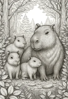 Kapibara Ailesi Ormanda – A4 Pdf hayvan boyama sayfası indir ve yazdır